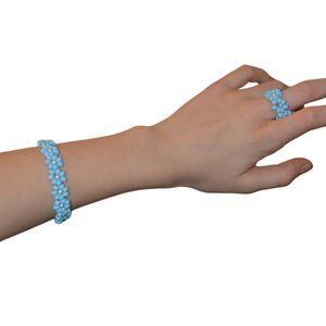 Handmade Seed Beads Blue Flowers Set of Bracelet and Ring Elastin Girls (OS)